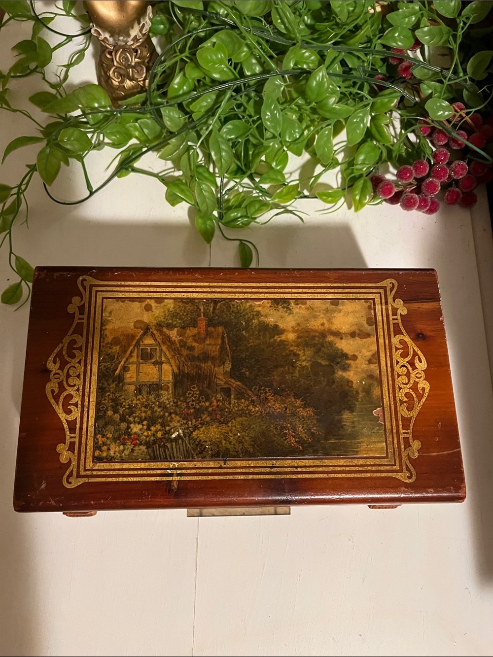 Wood Cedar Box Carved w Cottage Scene Gold Trim Vintage Character Footed Hinges